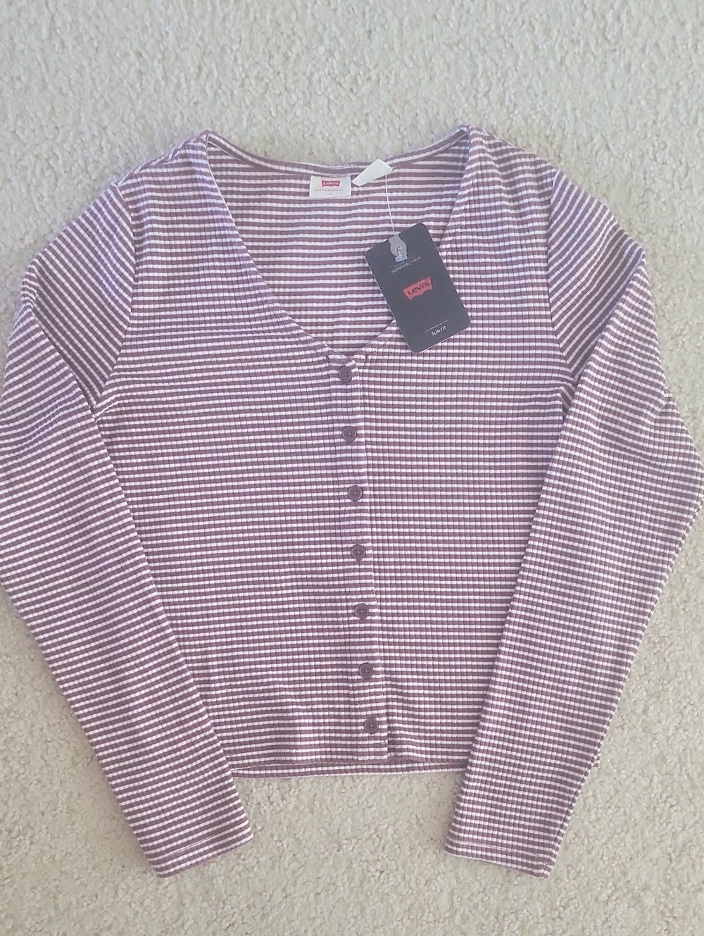 Levi's Mauve and White Striped Button-Up Ribbed Top